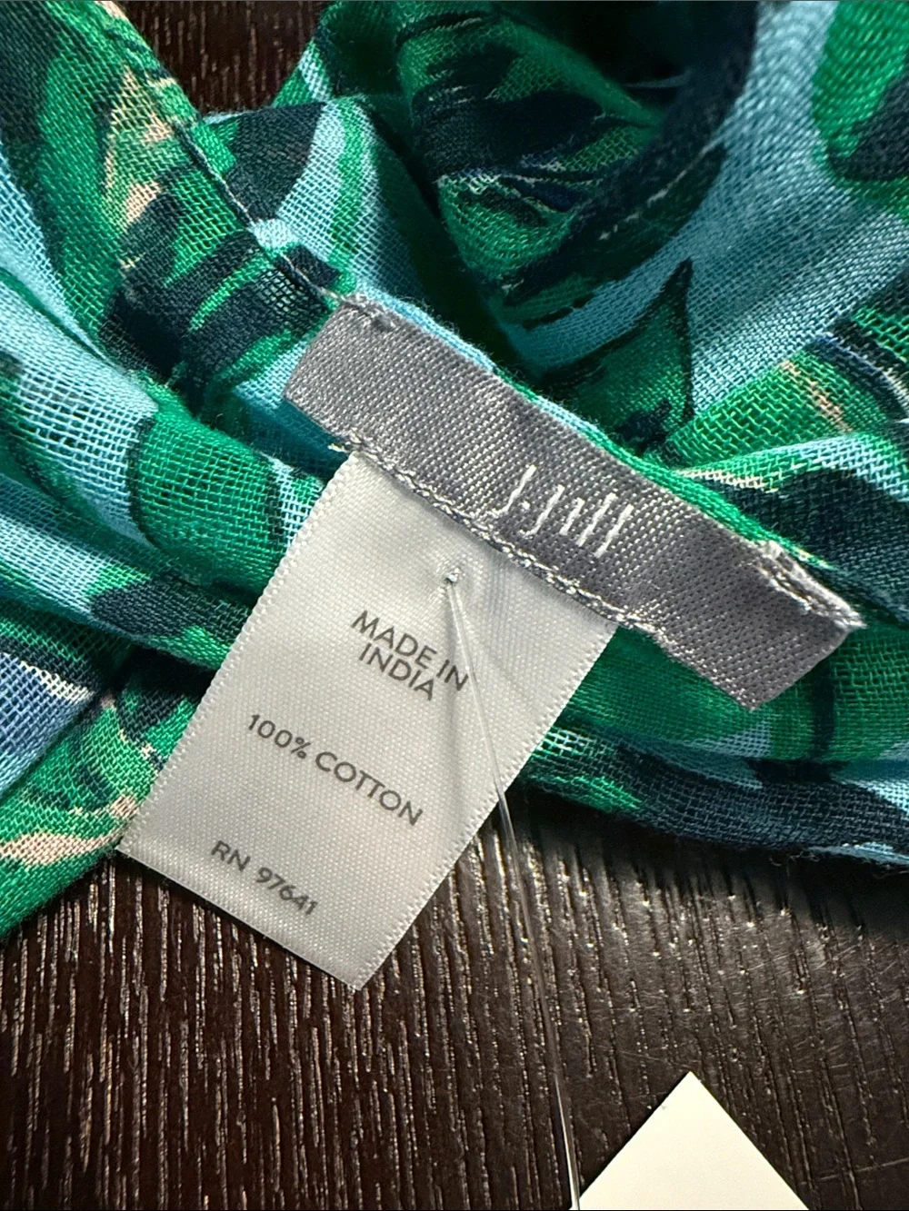 J.Jill Green Leaf Pattern Lightweight Scarf Fringe Cotton